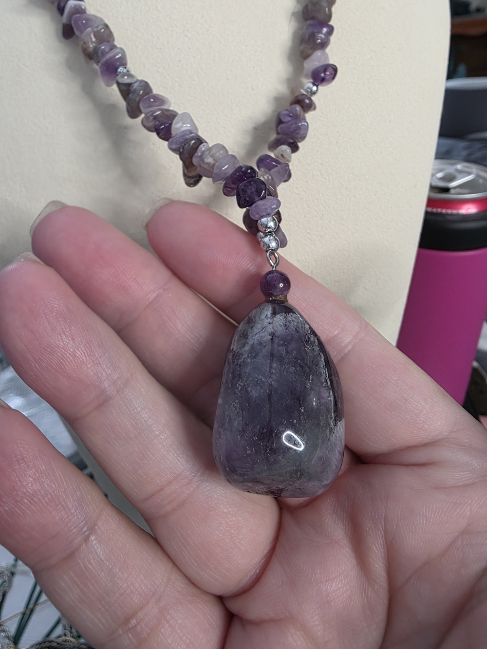 Amethyst Chip Bead Necklace with Dark Amethyst Pendant Silver Tone Hardware - Picture 4 of 10